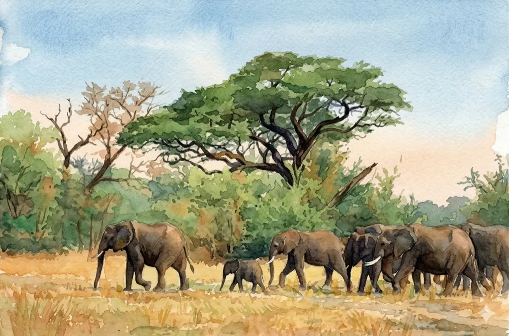 Watercolor of elephant herd crossing the African savanna