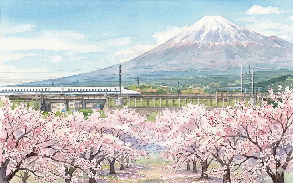 Shinkansen bullet train passing Mount Fuji with cherry blossoms