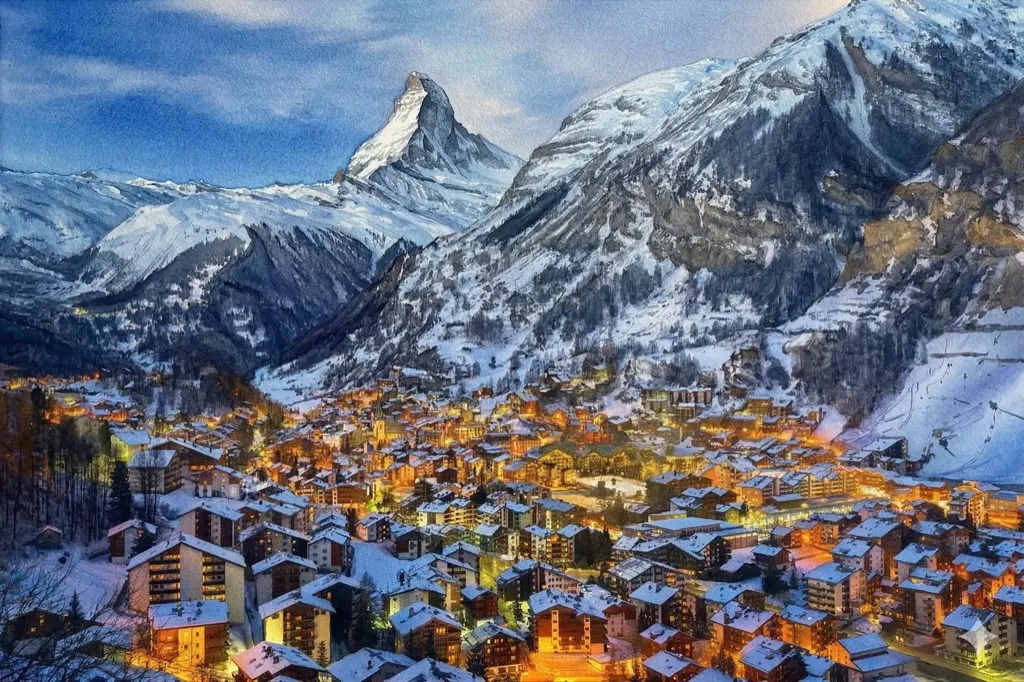 Watercolor of Zermatt village at dusk with the Matterhorn