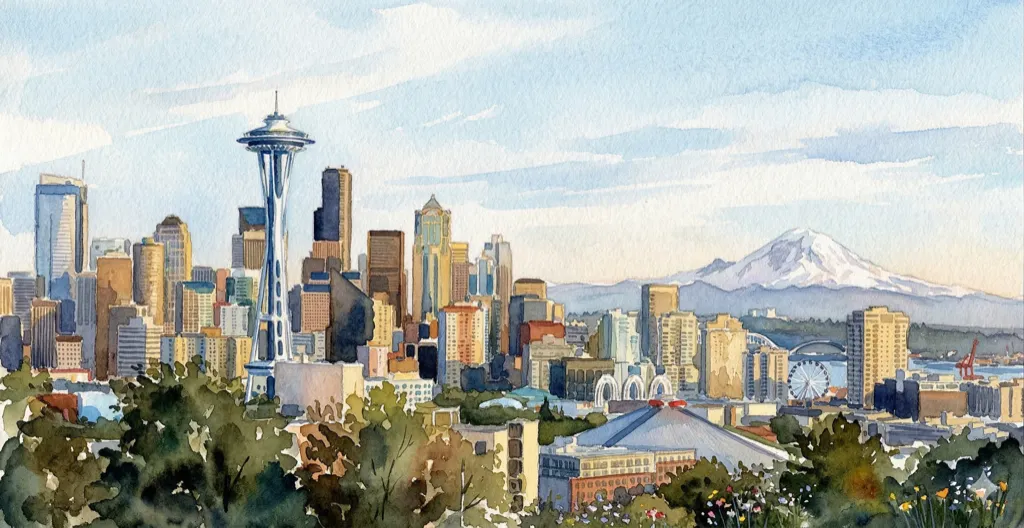 Watercolor of Seattle skyline with Space Needle and Mount Rainier