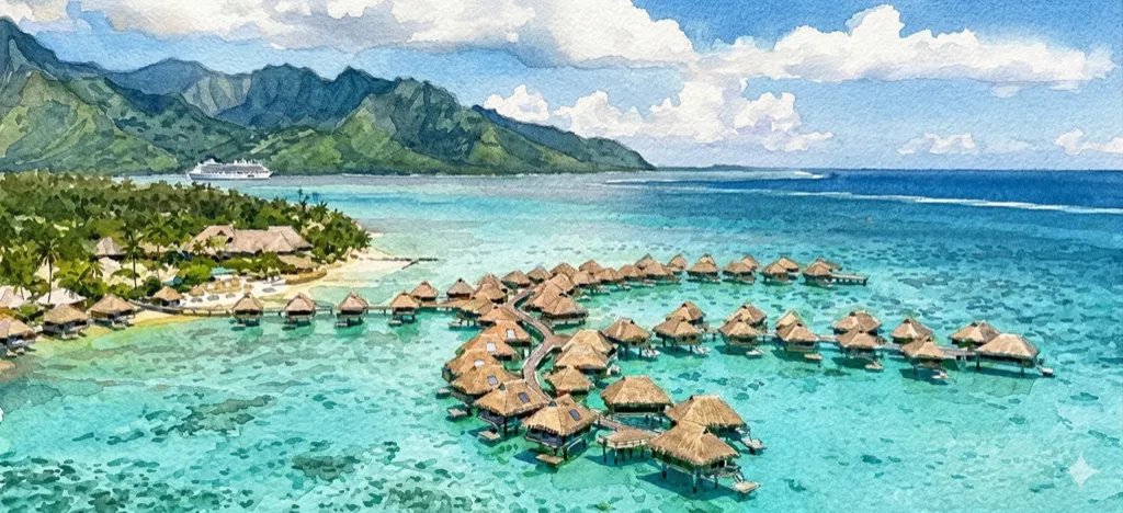 Watercolor of overwater bungalows in Tahiti with turquoise lagoon