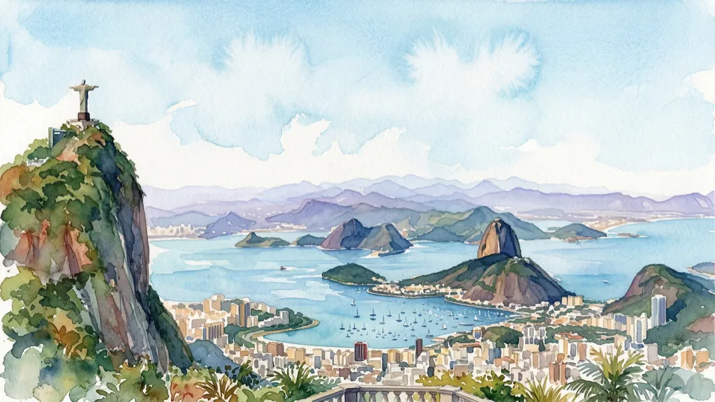 Watercolor of Rio de Janeiro with Cristo Redentor and Sugarloaf Mountain